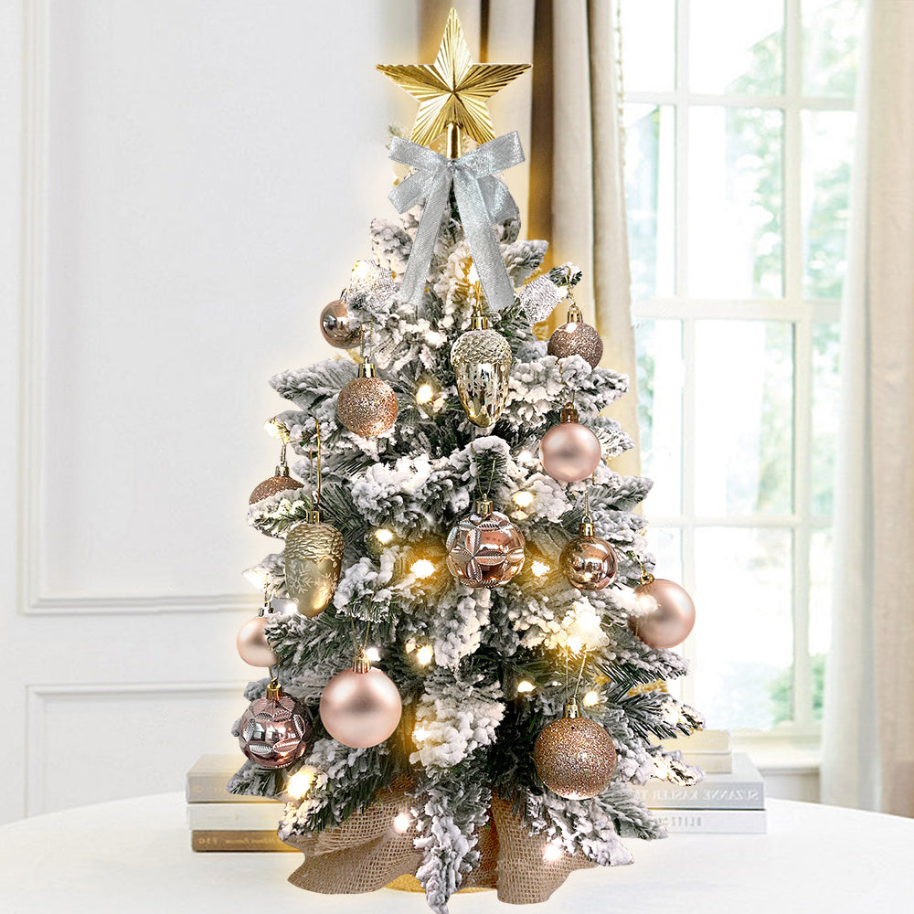 2ft Mini Christmas Tree With Light Artificial Small Tabletop Christmas Decoration With Flocked Snow, Exquisite Decor & Xmas Ornaments For Table Top For Home & Office - MediaEclat.store