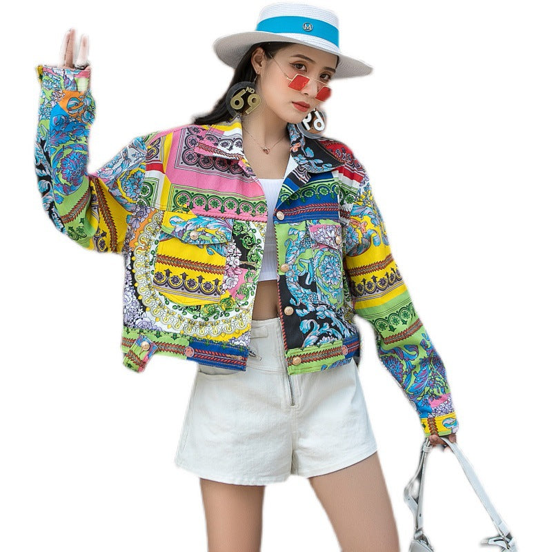 Thailand Big Picture Print Denim Short Coat
