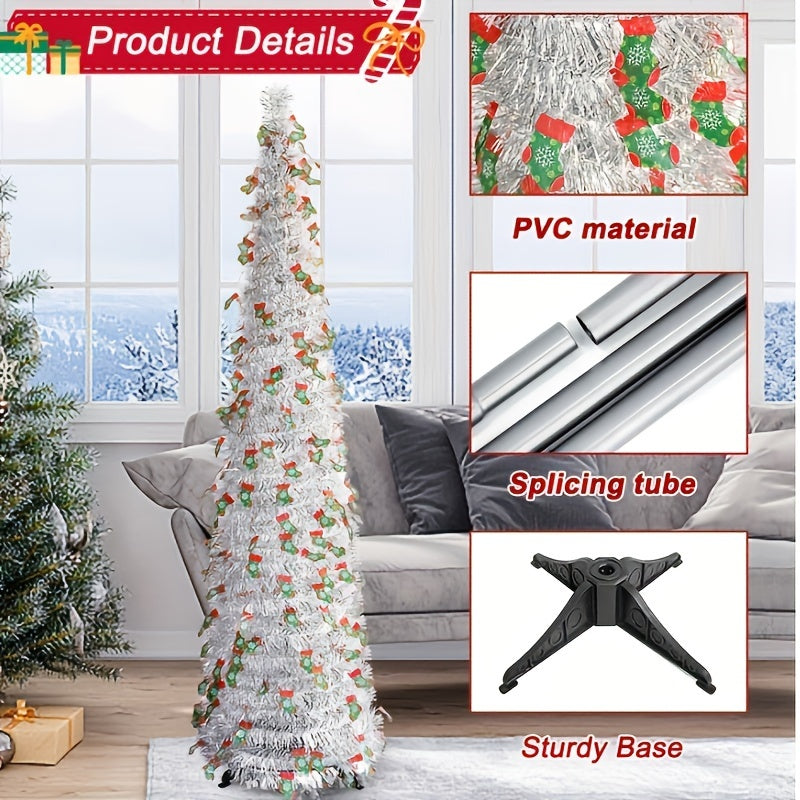 59" Pop-Up Christmas Tree with Reflective Sequins - Slim, Foldable Design for Home & Party Decor, Perfect for Halloween & New Year Celebrations, PVC Material