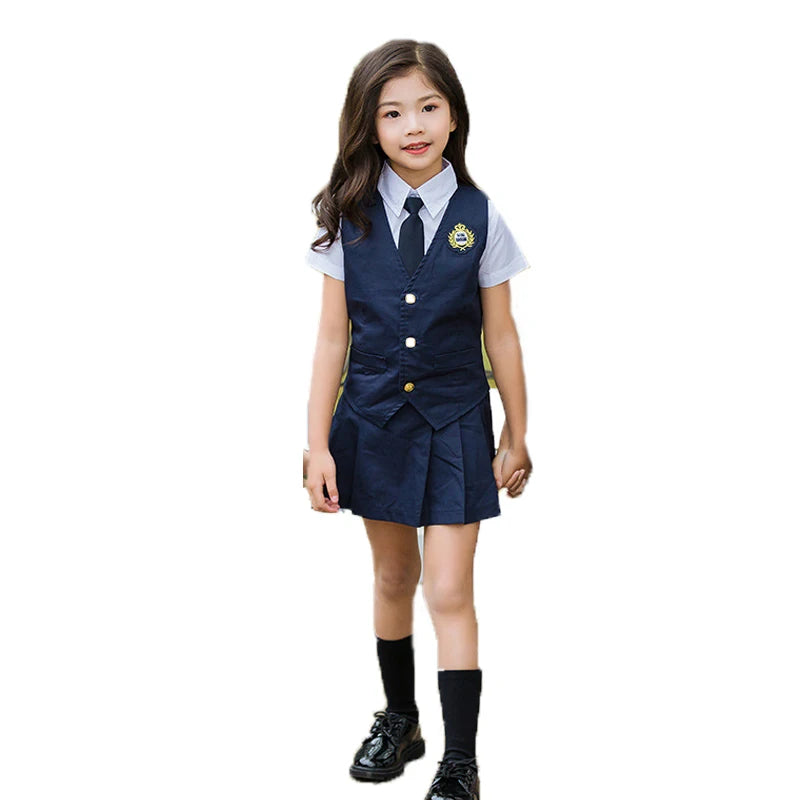 Japanese Student School Uniforms Set Suit for Girls Boys Waistcoat Vest Shirt Skirt Shorts Tie Performance Formal Clothing Set