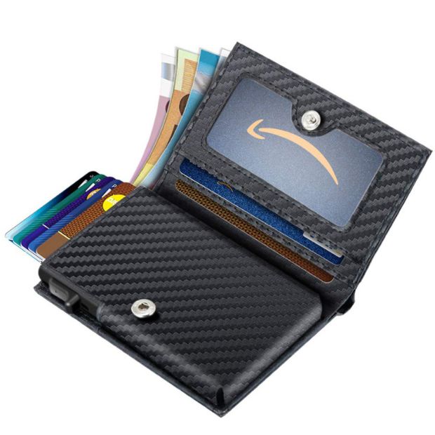 Multifunctional Aluminum Alloy Men's Leather Wallet RFID Anti-Magnetic Aluminum Box Card Clamp Buckle Cowhide Wallet Automatic Card Holder