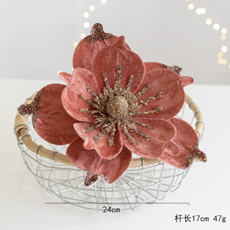 Christmas Tree Poinsettia Flower Cream White Velvet Magnolia Artificial Floral Ornaments for Xmas Decoration Wedding Centerpiece