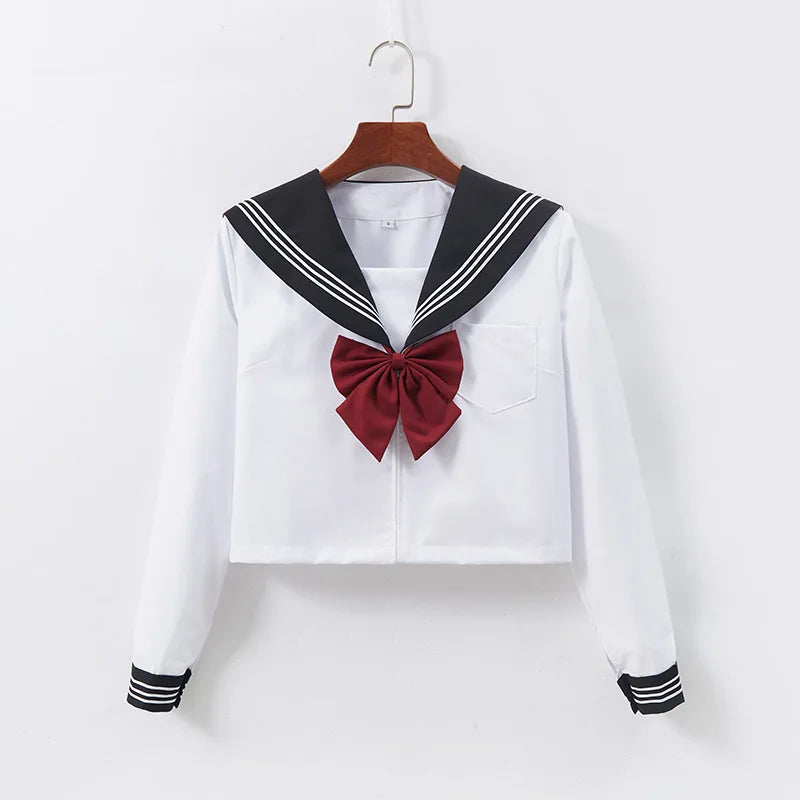 Japanese School Uniform Cute Girl Jk Suit Black Collar White Three-piece Suit Campus Sailor Suit Bow Long-sleeved Suit Uniform