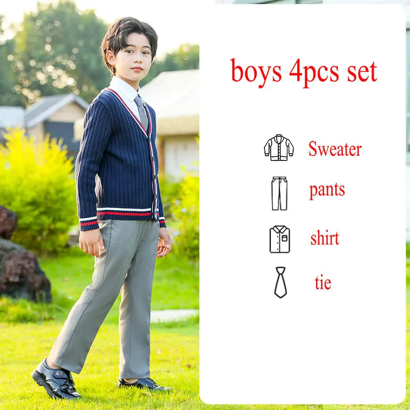 Child School Uniform outfits Navy Sweater cardigan+shirt+pants (dress)+tie 4pcs Boys girls JK clothes Suit Kid Student Class Set