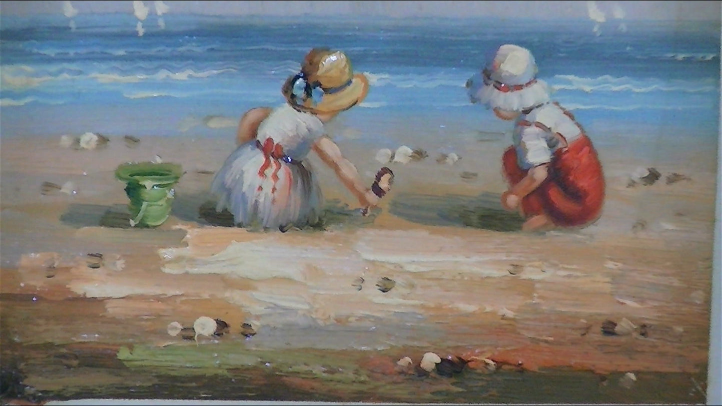 Classic "Two Kids on Beach," Oil Painting 11.75x15.5 Inches unframed