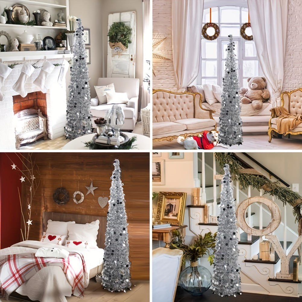 60-Inch Pop-Up Christmas Tree with Stand - Silvery Tinsel, Foldable Artificial Holiday Decor for Home, Garden, Office, and Cafe - Indoor/Outdoor Use