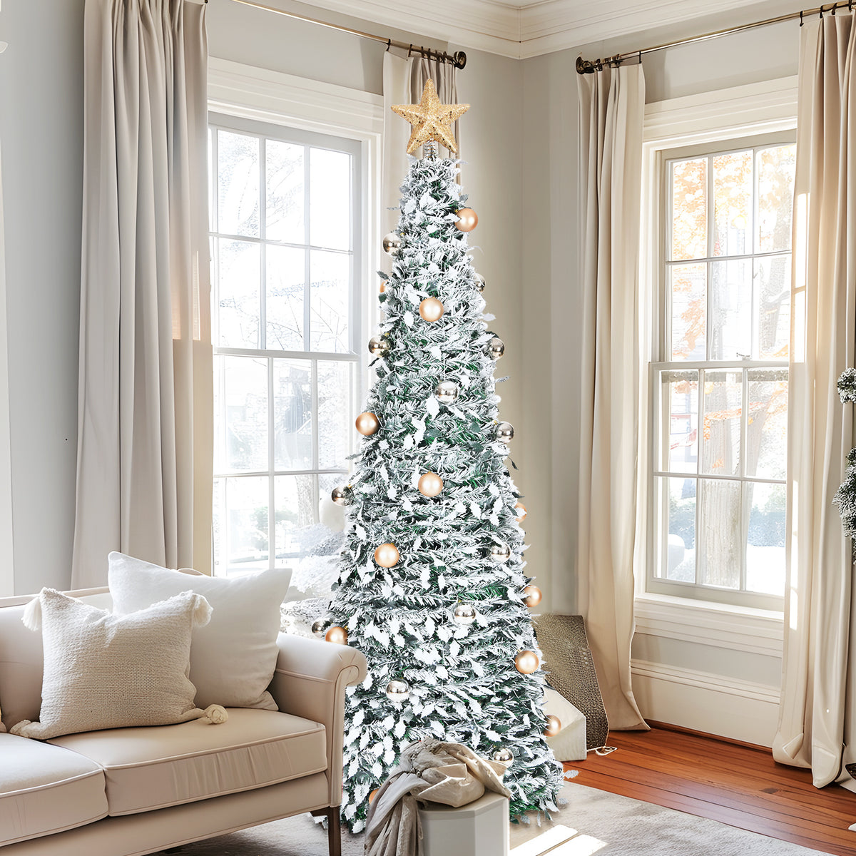 6ft 8 Modes Pre-Decorated Pre-lit Pop Up Christmas Tree Snow-Flocked Christmas Tree Collapsible Christmas Tree 150 LED Warm White Light For Christmas Holiday Decoration