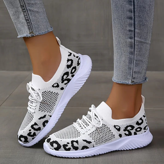 White Shoes Women Leopard Print Lace-up Sneakers Sports – MediaEclat.store