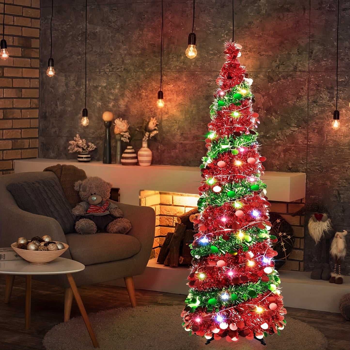 1pc, 5FT/1.5M Christmas Trees With 90 Colorful Lights, Collapsible Artificial Sequin Pop Up Christmas Tree, Tall Skinny Pencil Tinsel Christmas Trees Xmas Tree For Home Apartment Basement Fireplace