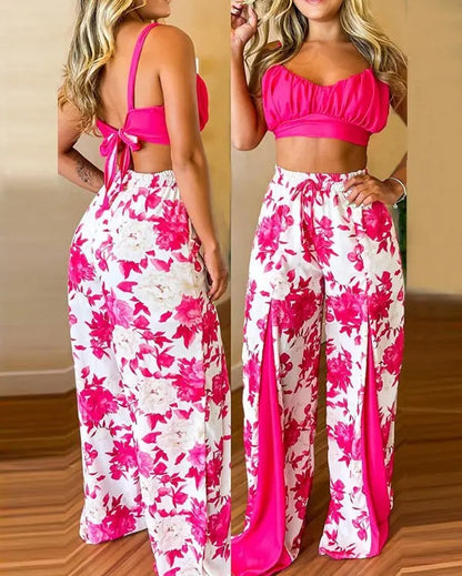 Women's Printed Contrast Wide Leg Pant Set