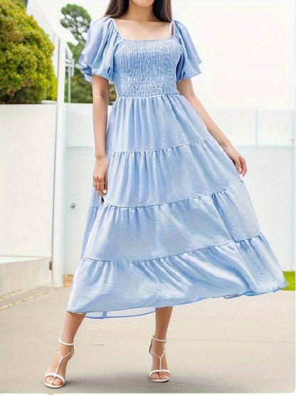 Solid Color Square Collar Short Sleeve A- Line Midi Dress