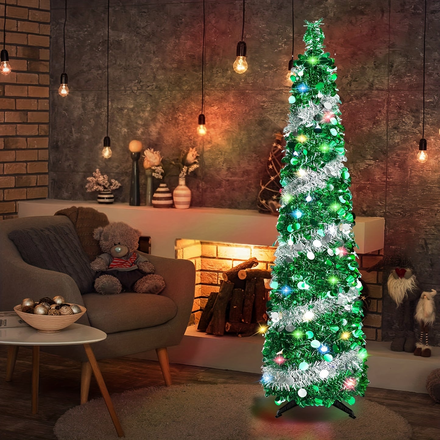 1pc, 5FT/1.5M Christmas Trees With 90 Colorful Lights, Collapsible Artificial Sequin Pop Up Christmas Tree, Tall Skinny Pencil Tinsel Christmas Trees Xmas Tree For Home Apartment Basement Fireplace