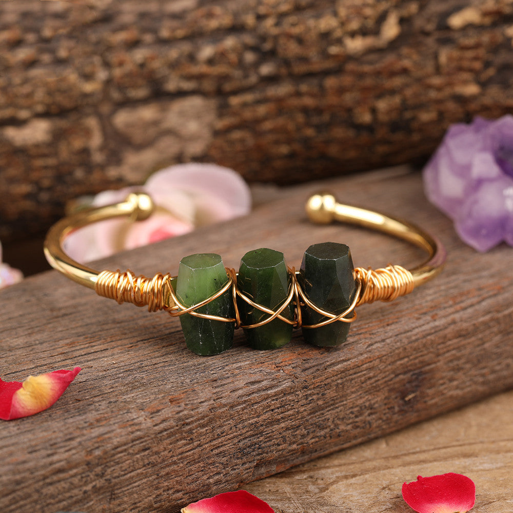 Natural Canadian Jade Cylindrical Beads Gold Cuff Bracelet