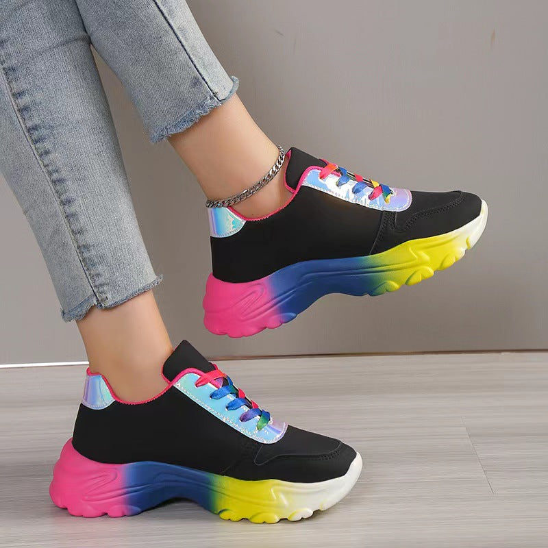 INS Style Rainbow Color Sports Shoes For Women Thick Bottom Lace-up Sneakers Fashion Casual Lightweight Running Walking Shoes - MediaEclat.store