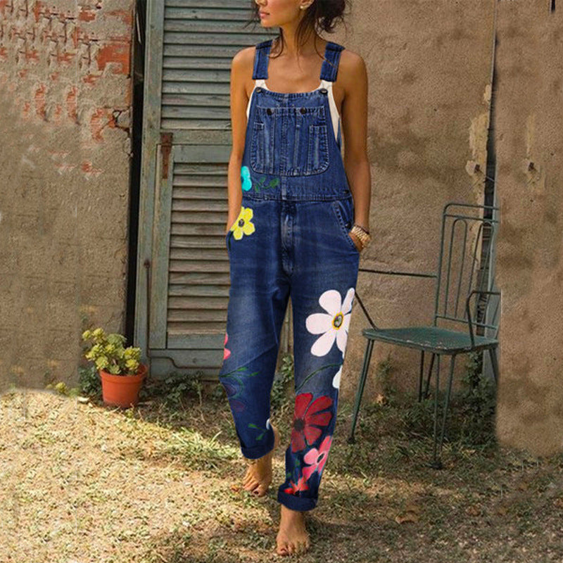 Floral Print Denim Overalls Long Trousers Jumpsuit With Pockets