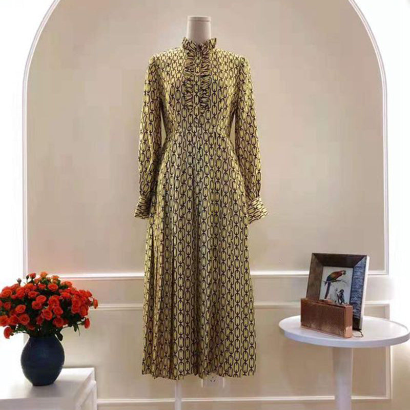 Chain print silk dress with wood ears