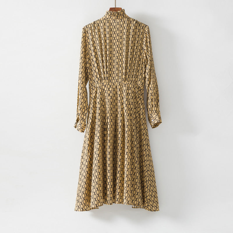 Chain print silk dress with wood ears