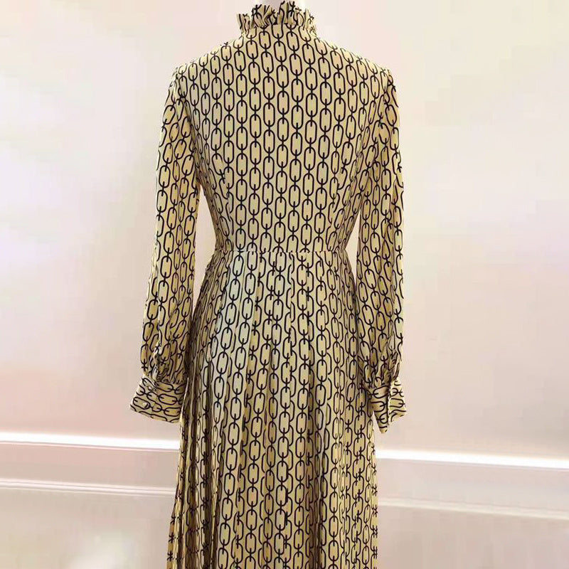 Chain print silk dress with wood ears