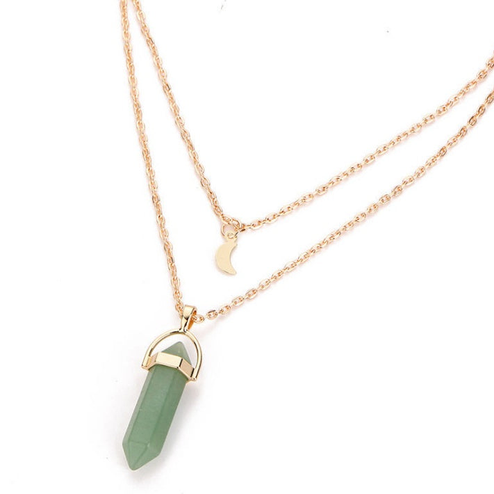 Natural stone glass hexagonal necklace necklace European and American fashion double moon moon crescent bullets pendulum pendant necklace - MediaEclat.store
