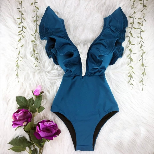 One Piece Swimsuit Women Swimwear Bodysuit Ruffle Beach Wear