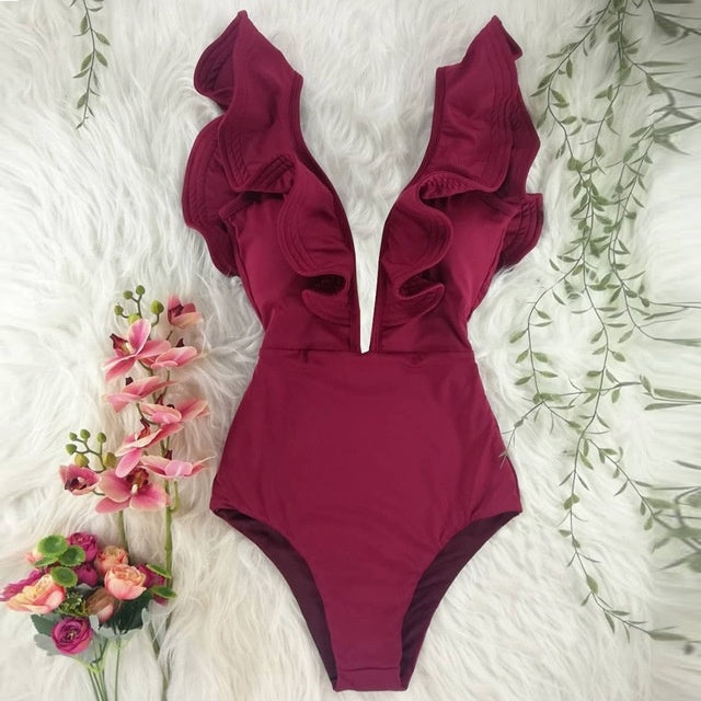 One Piece Swimsuit Women Swimwear Bodysuit Ruffle Beach Wear