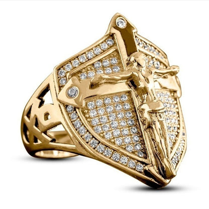 18K Gold Shield Ring Jesus Cross Ring