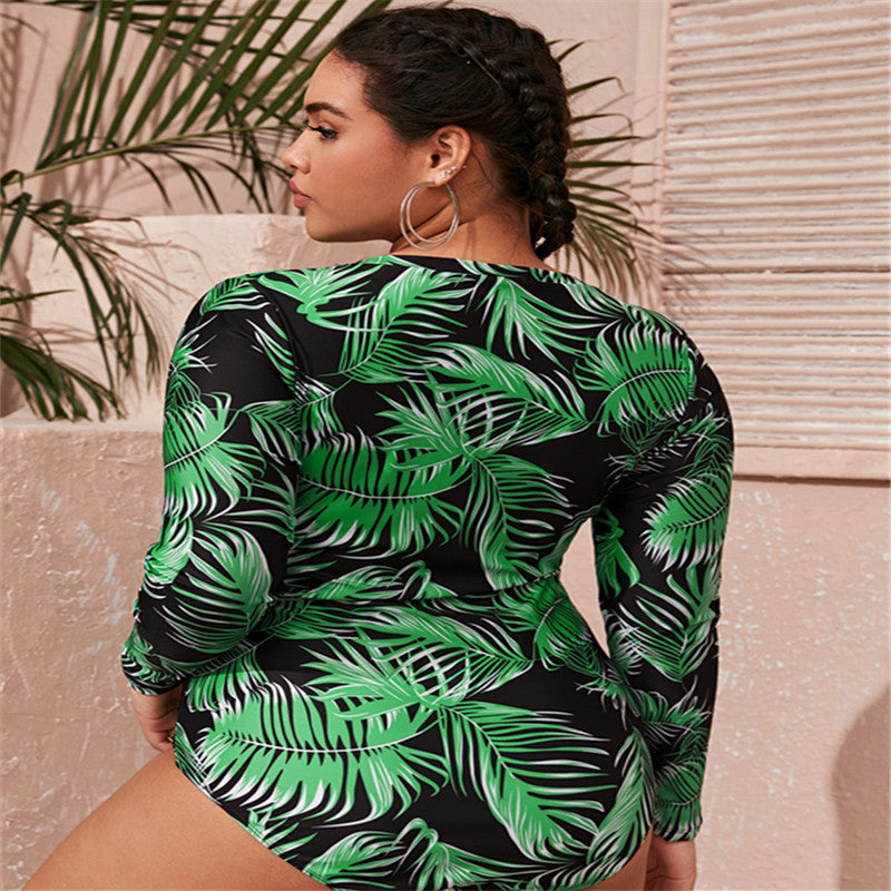 Cross-Border New European And American Ladies Plus Size One-Piece Swimsuit, Long-Sleeved Printed Zipper Fat Lady AliExpress Conservative Swimsuit