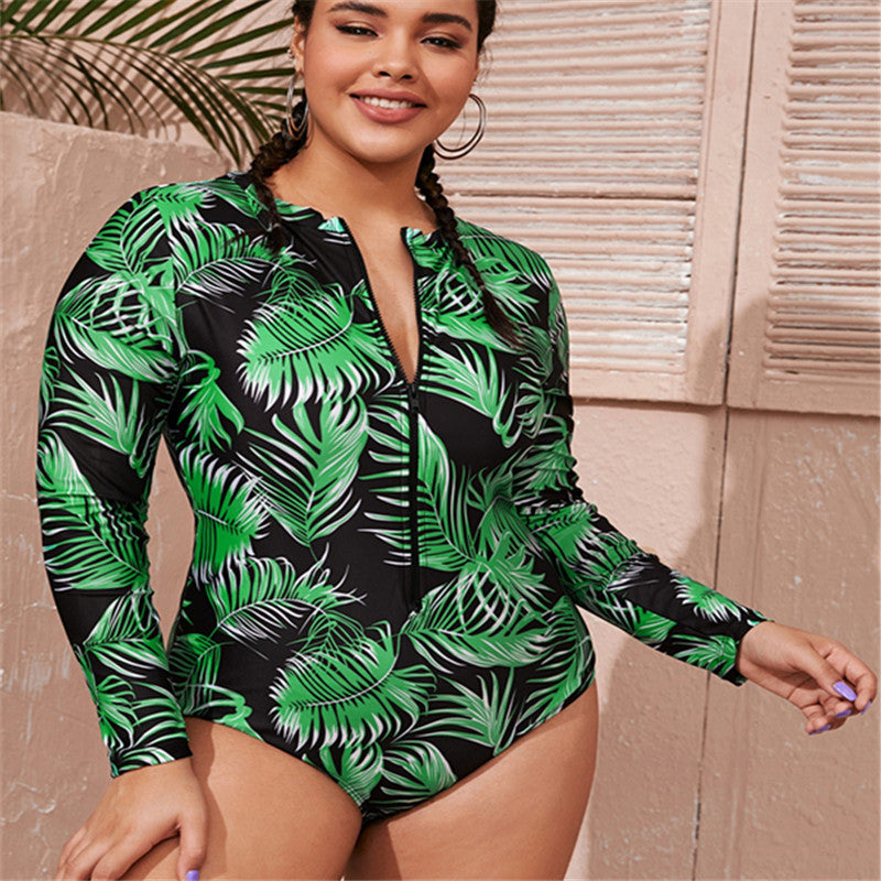 Cross-Border New European And American Ladies Plus Size One-Piece Swimsuit, Long-Sleeved Printed Zipper Fat Lady AliExpress Conservative Swimsuit