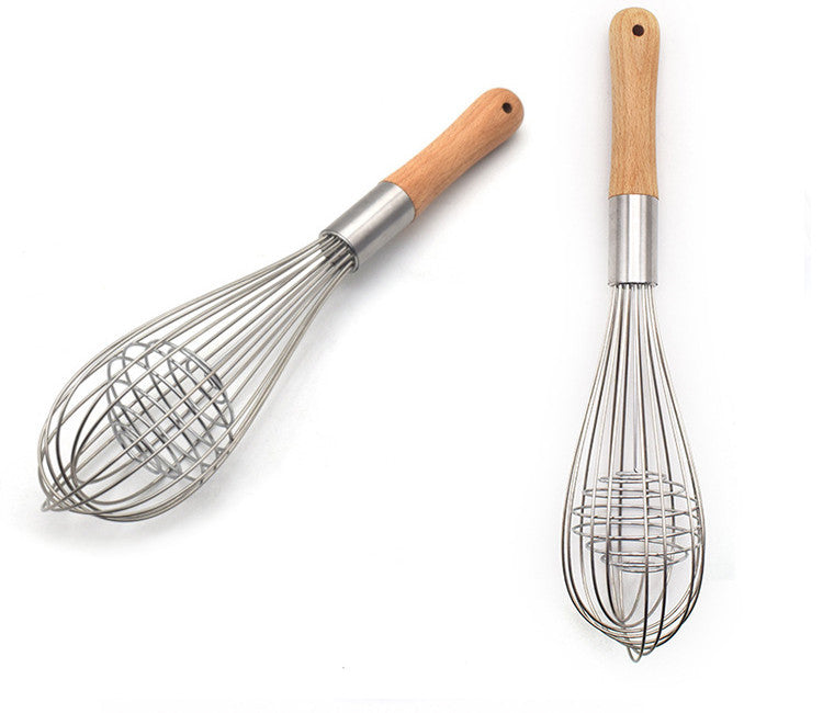 Kitchen Tool 11 Inch Wooden Handle Whisk Manual Stainless Steel Milk Frother Baking Hand Mixer