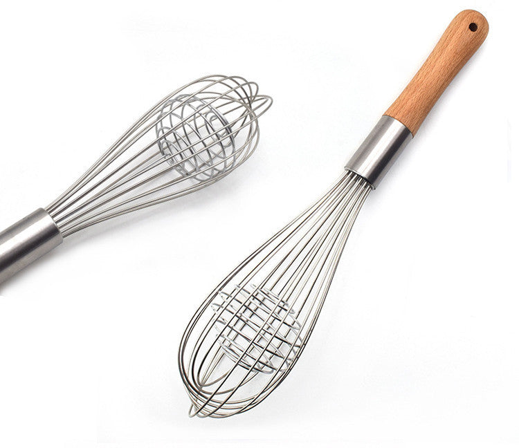 Kitchen Tool 11 Inch Wooden Handle Whisk Manual Stainless Steel Milk Frother Baking Hand Mixer