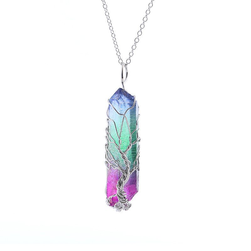 Dyed Natural White Crystal Column Tree Of Life Pendant Necklace