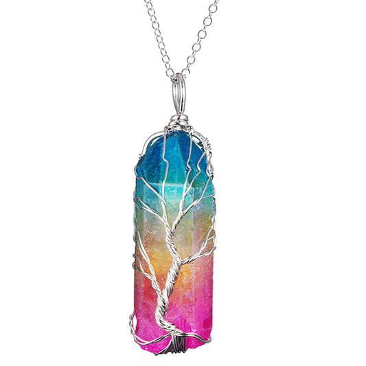Dyed Natural White Crystal Column Tree Of Life Pendant Necklace