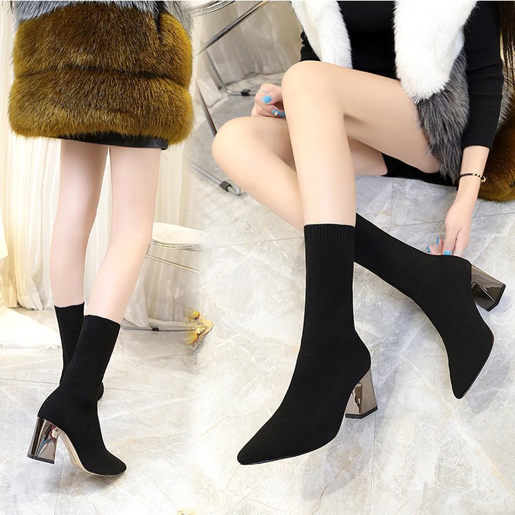 New Thick-heeled Elastic Stockings Short Boots Plus Size Knitted Woolen Boots