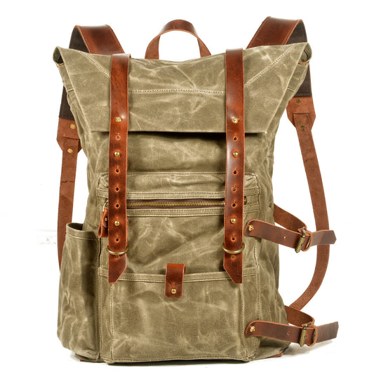 Retro Handmade Waterproof Backpack Wax Wash Canvas Stitching Leather Backpack Outdoor Travel Mountaineering Backpack - MediaEclat.store