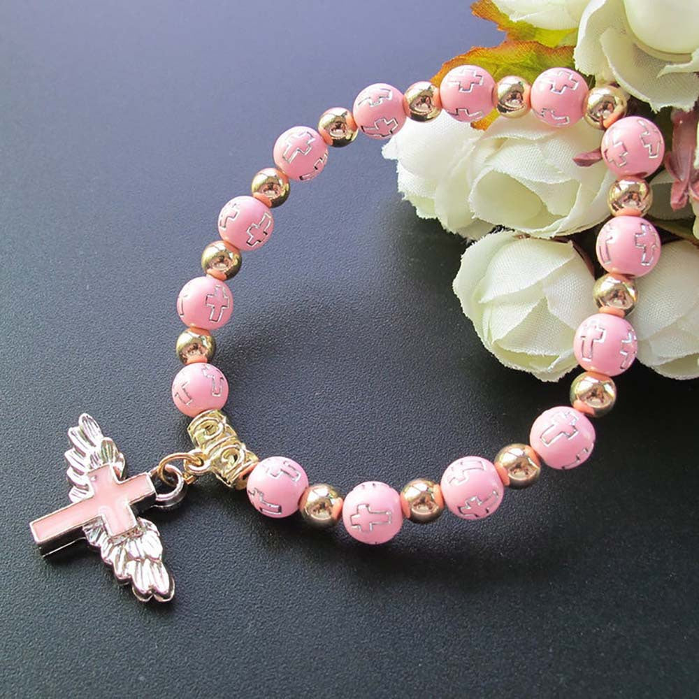 Bronzing Acrylic Cross Bead Bracelet Oil Drop Angel Cross Rosary Bracelet
