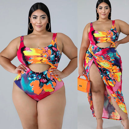 Plus Size Swimsuit One-piece Skirt Print Plus Size Swimsuit