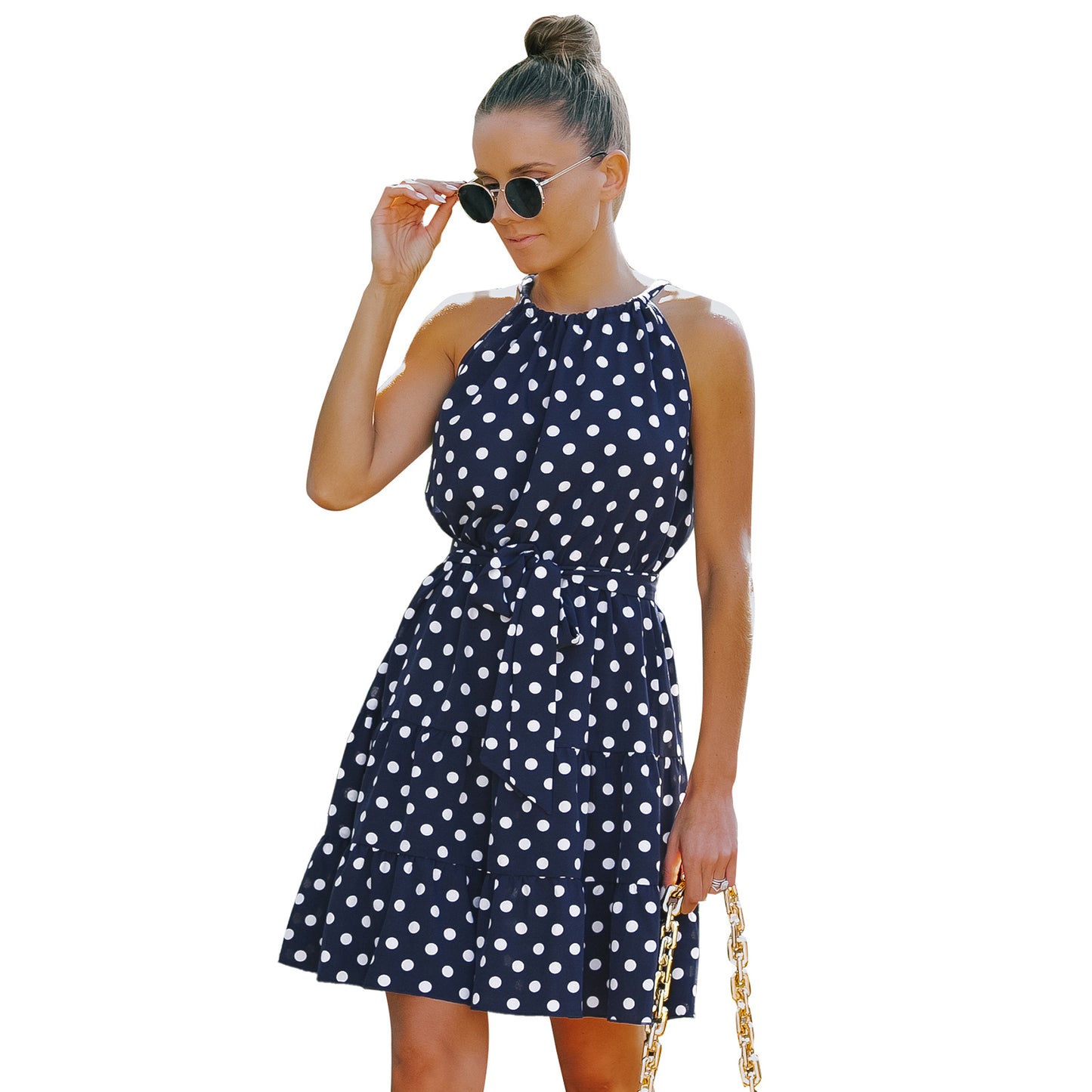 European And American Women's Round Neck Sleeveless Chiffon Polka Dot Dress