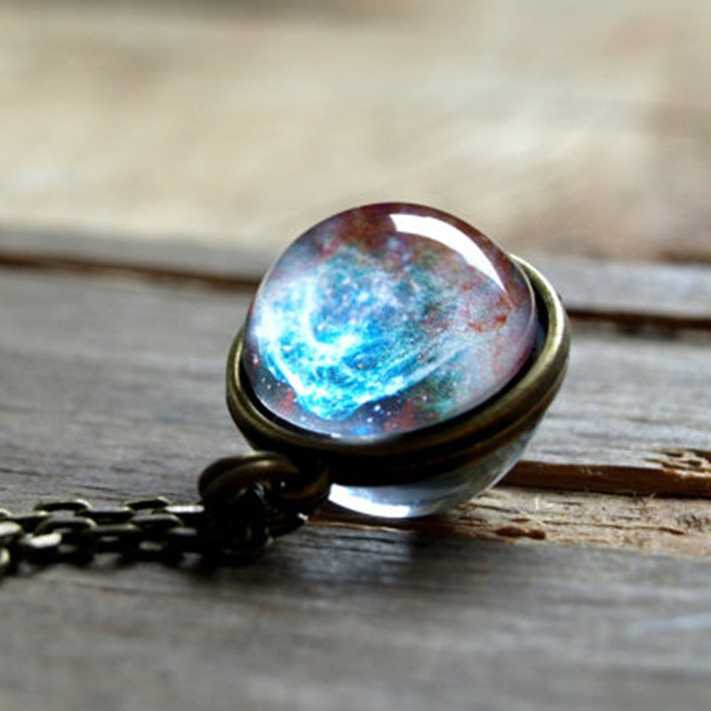 Cosmic Planet Time Gemstone Necklace Solar System Double Neck Glass Star Necklace