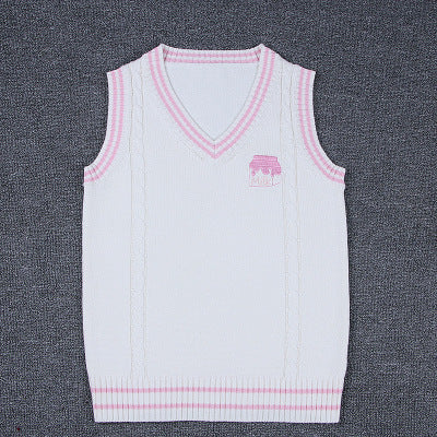 Strawberry Milk Embroidery British School Uniform V-Neck Vest Japanese JK Sleeveless Sweater Cotton Tops