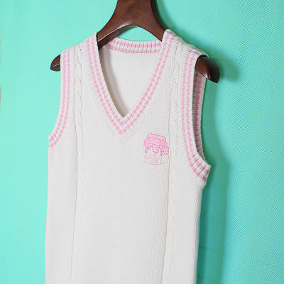 Strawberry Milk Embroidery British School Uniform V-Neck Vest Japanese JK Sleeveless Sweater Cotton Tops