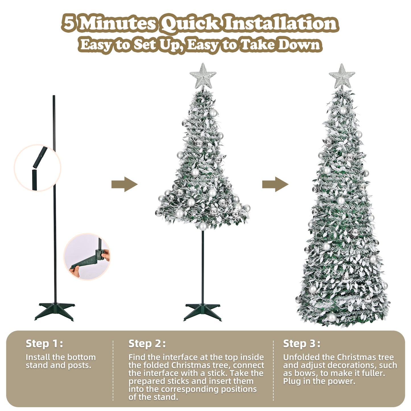 6ft 8 Modes Pre-Decorated Pre-lit Pop Up Christmas Tree Snow-Flocked Christmas Tree Collapsible Christmas Tree 150 LED Warm White Light For Christmas Holiday Decoration