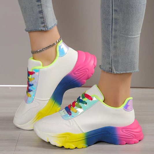 INS Style Rainbow Color Sports Shoes For Women Thick Bottom Lace-up Sneakers Fashion Casual Lightweight Running Walking Shoes - MediaEclat.store