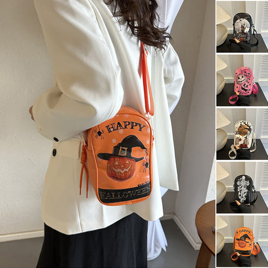 Halloween Graffiti Phone Bag Girls Funny Cartoon Pumpkin Ghost Bat Print Crossbody Bag For Women Mini Personality Creative Shoulder Bags