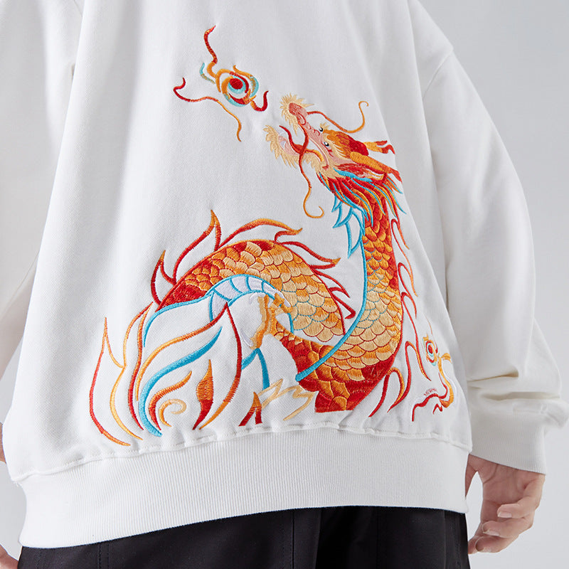 Chinese style dragon embroidery sweater plus velvet padded base shirt