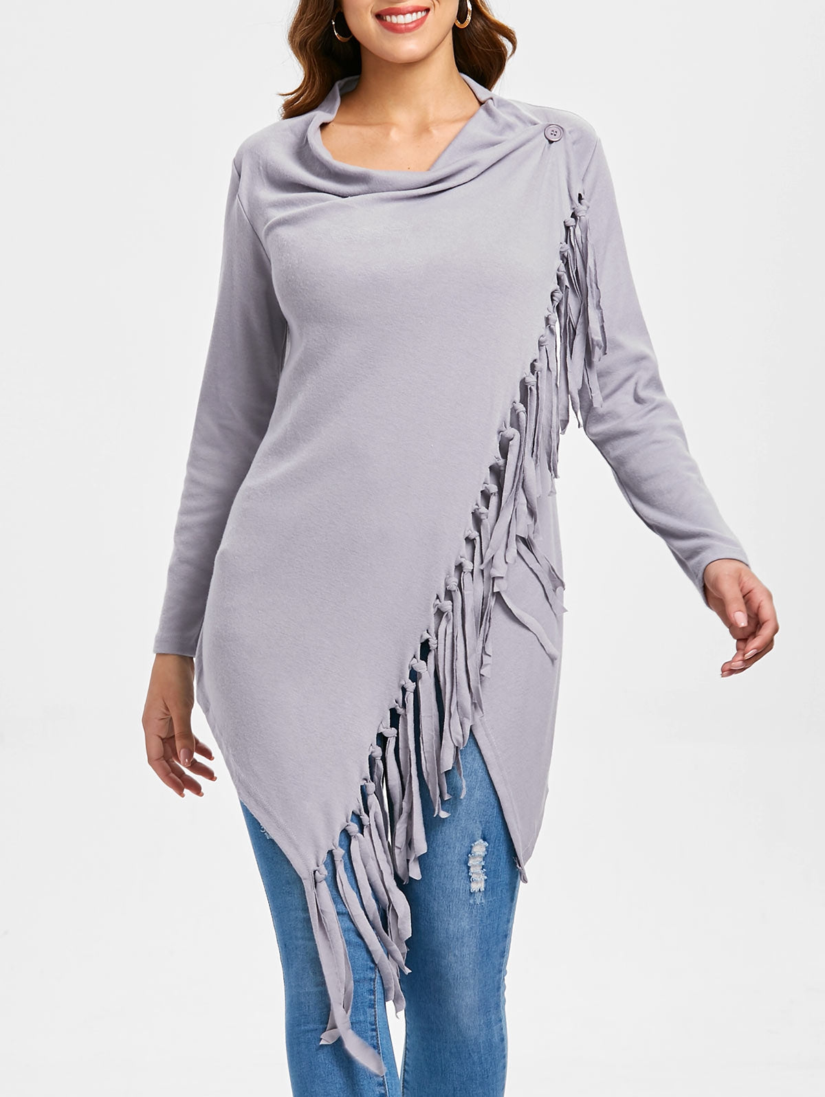 Tassel Asymmetric Long Sleeve Top Size: (M) - MediaEclat.store