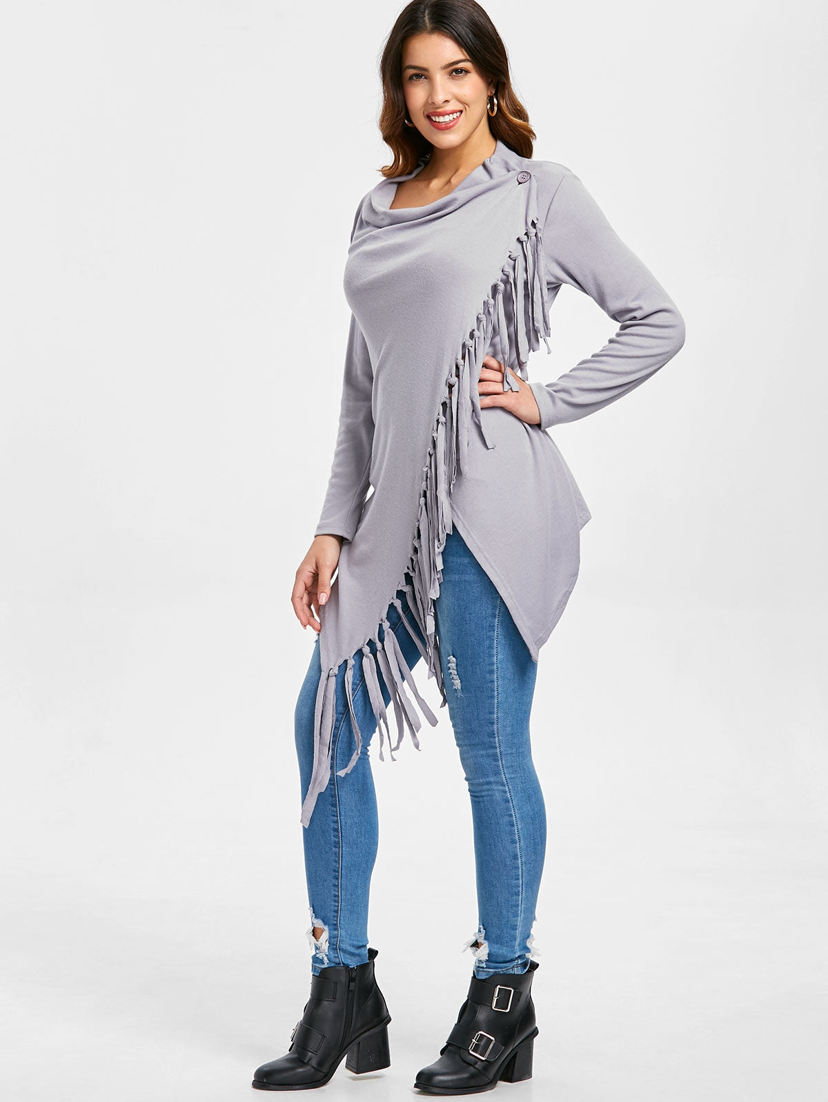 Tassel Asymmetric Long Sleeve Top Size: (M) - MediaEclat.store