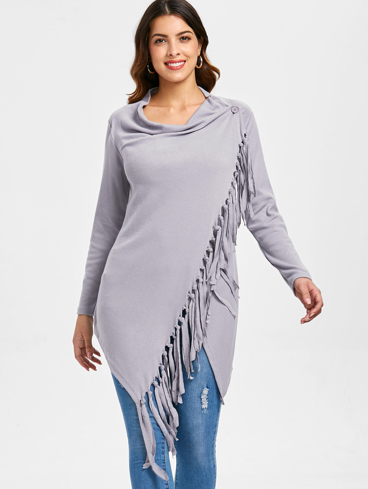 Tassel Asymmetric Long Sleeve Top Size: (M) - MediaEclat.store