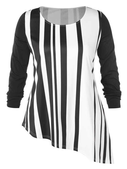 Plus Size Stripe Pattern Round Neck Asummetric T-shirt - MediaEclat.store