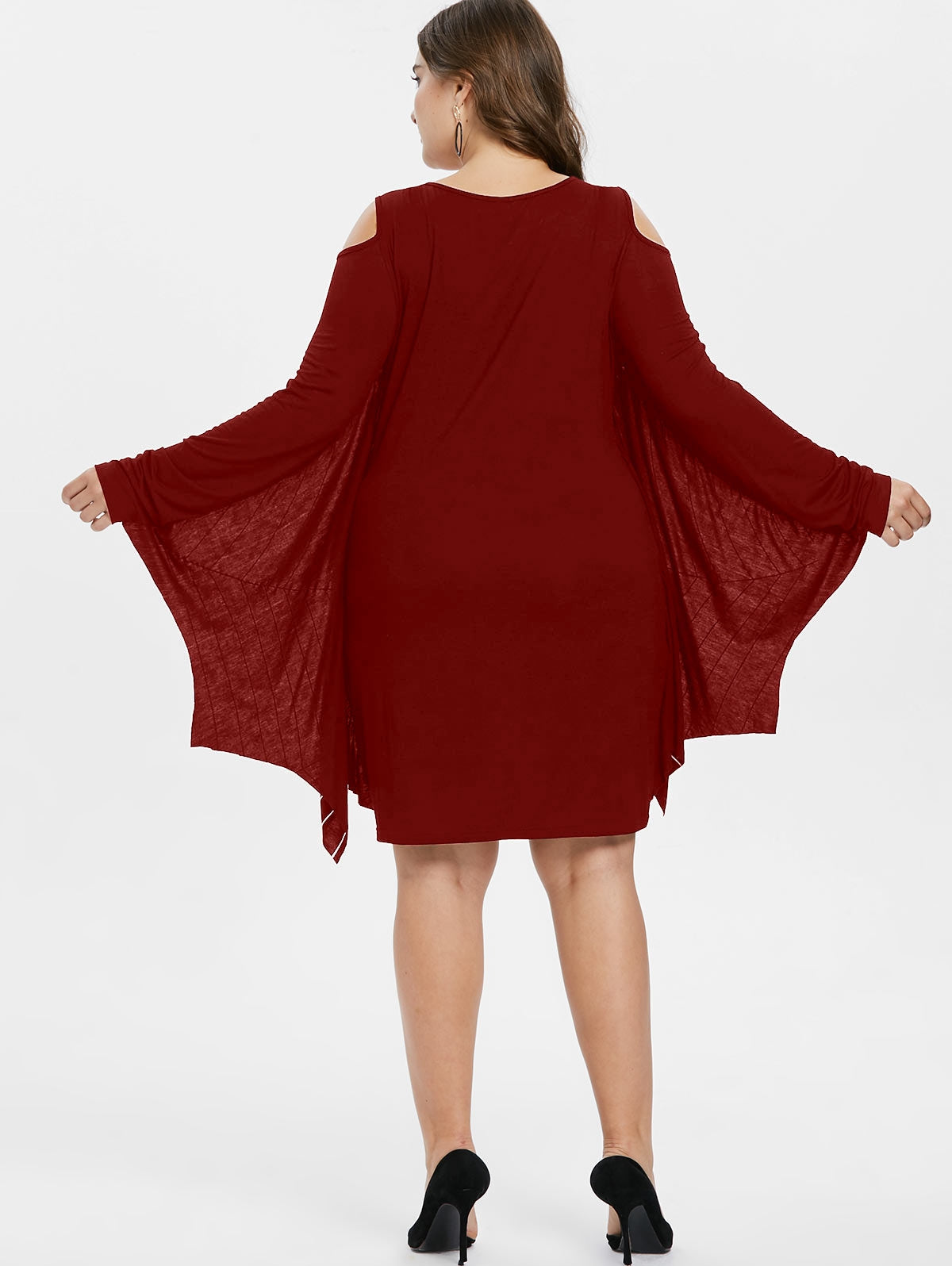 Plus Size Halloween Spider Net Print Batwing Sleeve Dress Sz. (L) Color: (Red Wine)