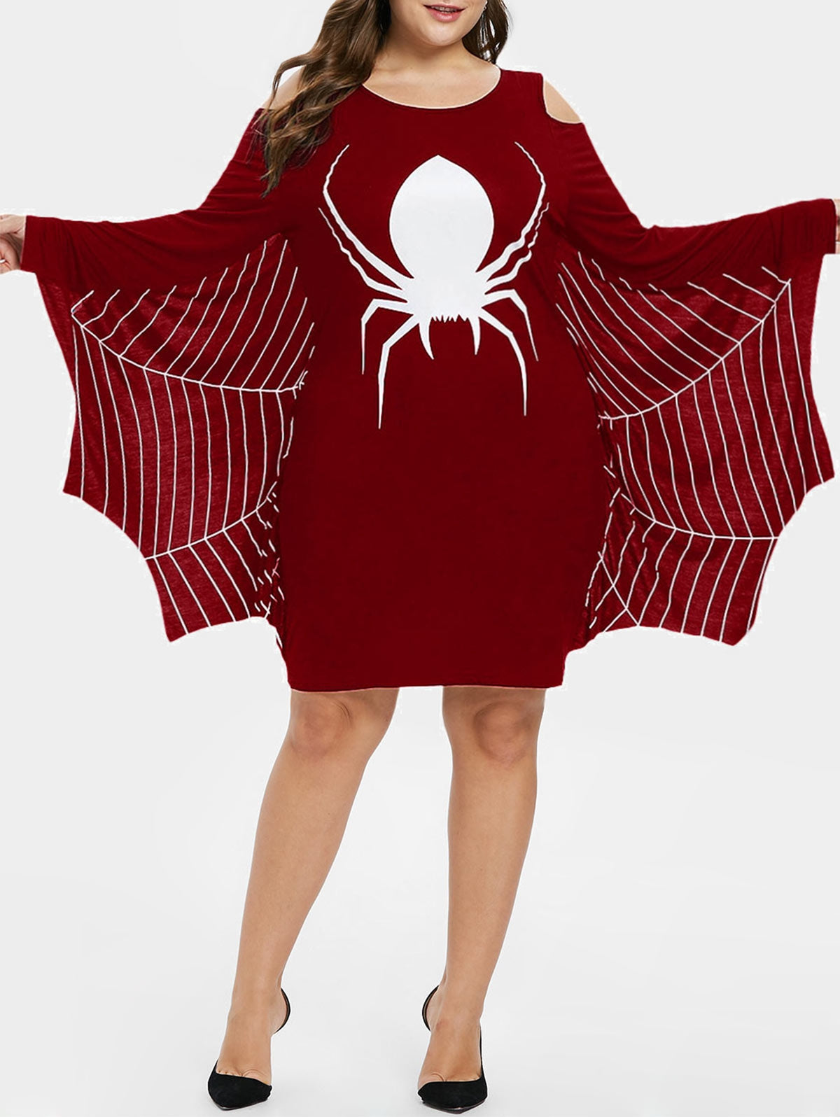 Plus Size Halloween Spider Net Print Batwing Sleeve Dress Sz. (L) Color: (Red Wine)